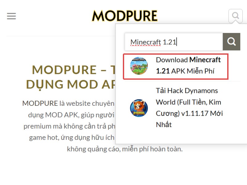 Nhấn vào phiên bản Minecraft 1.21