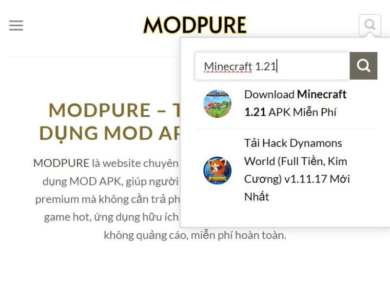 Nhập từ khóa Minecraft 1.21 vào ô tìm kiếm