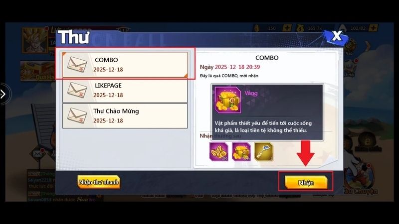 Tổng Hợp Code Combo Thức Tỉnh Huyền Thoại Mới Nhất 2026 – Nhận Quà Khủng 5 Bước 4: Kiểm tra Hòm thư